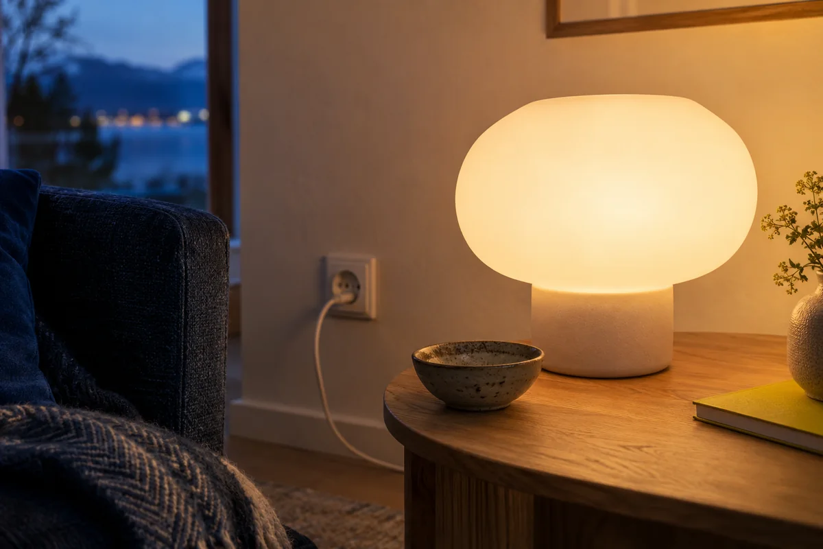 En tent bordlampe i et hjem ved skumring