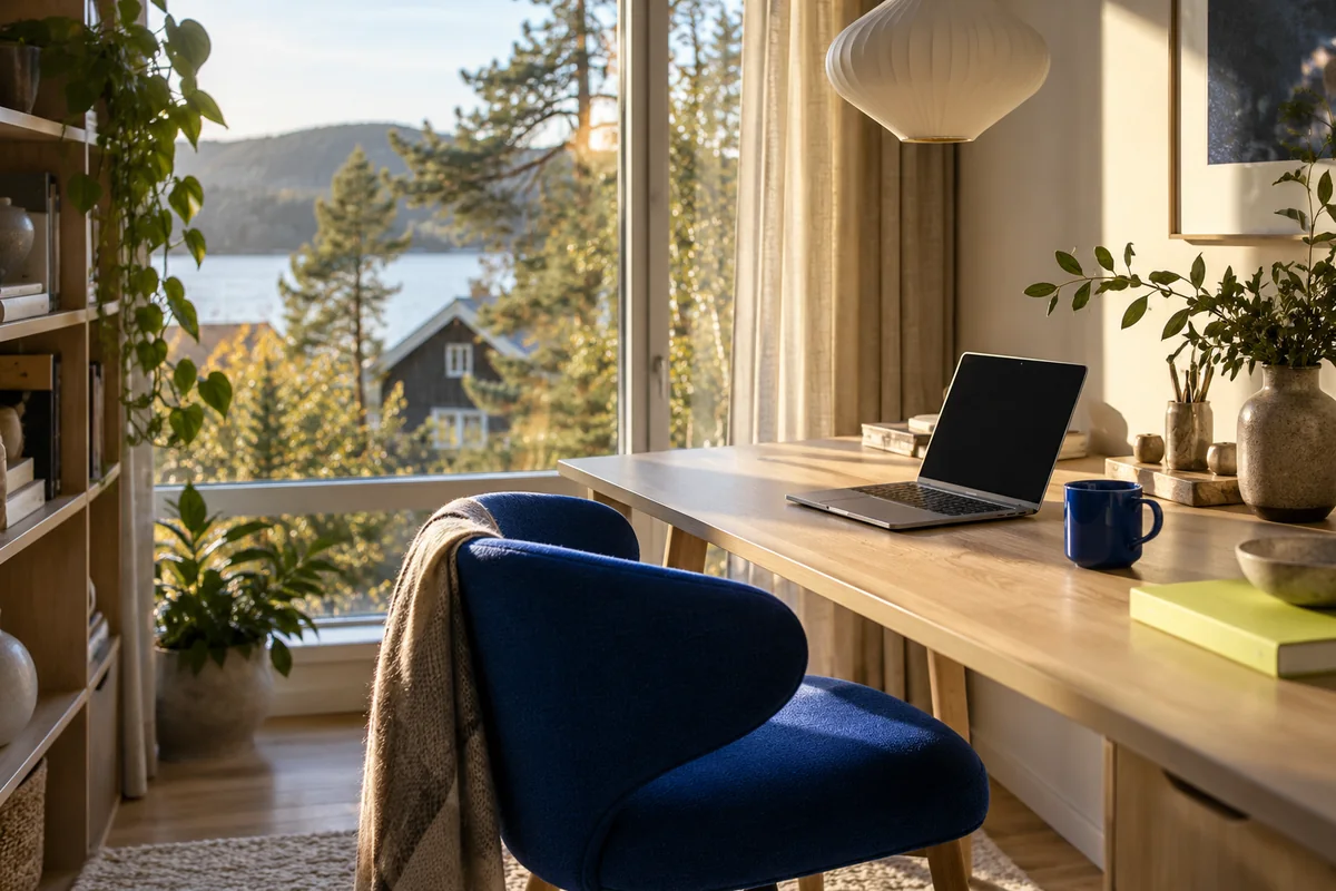 Et lyst hjemmekontor med blå stol, skrivebord og utsikt mot vannet